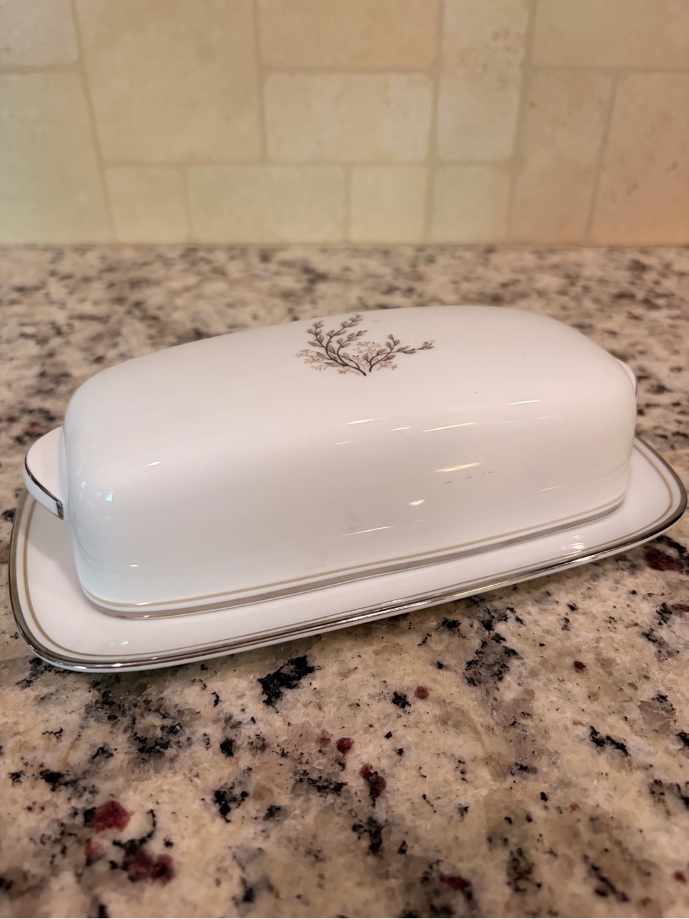 Noritake White Porcelain Butter Dish with Silver Accent